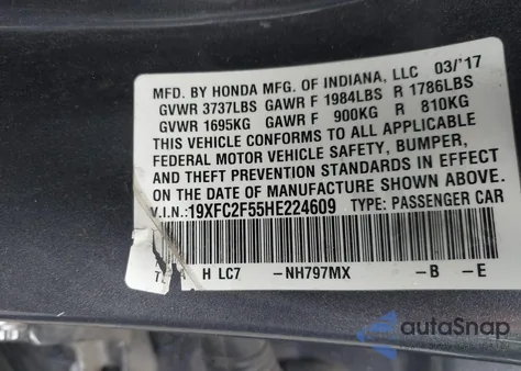 2017 Honda Civic Lx z USA, uszkodzony, nr VIN 19XFC2F55HE224609